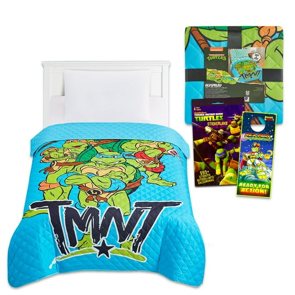 Teenage Mutant Ninja Turtles Bedspread Twin Set for Kids - Bundle with Reversible TMNT Quilted Bedspread for Twin Bed Plus Stickers, More | TMNT Twin Bedding Set for Boys