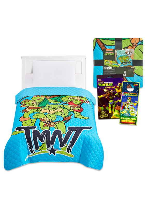 Bedspread Twin Set for Kids - Bundle with Reversible TMNT Quilted Bedspread for Twin Bed Plus Stickers, More | TMNT Twin Bedding Set for Boys