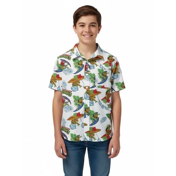 Teenage Mutant Ninja Turtles Boys Cotton Graphic Button Up Shirt with Short Sleeves, Sizes 4-18
