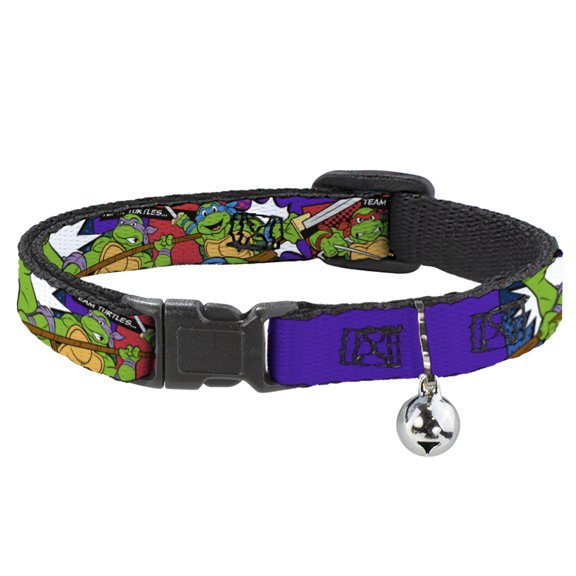 Teenage Mutant Ninja Turtles Breakaway Cat Collar With Bell, Plastic Clip, Easy Adjustable, Ninja Turtles Action Poses Team Turtles, 8.5 to 12 Inches 0.5 Inch Wide