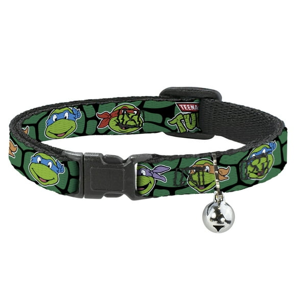 Teenage Mutant Ninja Turtles Breakaway Cat Collar With Bell, Plastic Clip, Easy Adjustable, TMNT Teenage Mutant Ninja Turtles Faces Green Turtle Shell, 8.5 to 12 Inches 0.5 Inch Wide