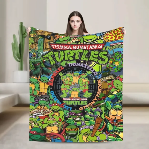 Teenage Mutant Ninja Turtles Cartoon Collage Flannel Throw Blanket, Soft Lightweight Plush Blanket for Sofa Bedroom, Retro Comic Style Home Decor Blanket Gift for Kids Boys