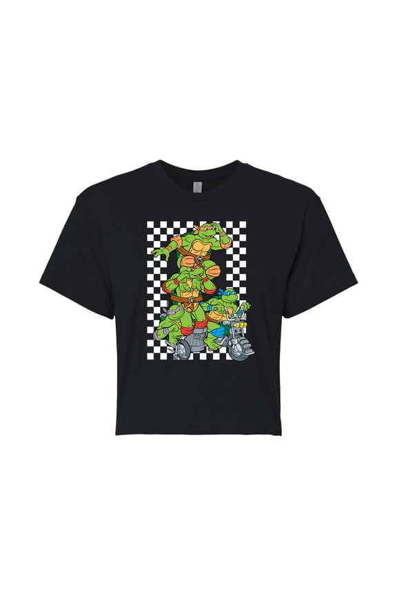 - Checker Graphic - Juniors Cropped Cotton Blend T-Shirt