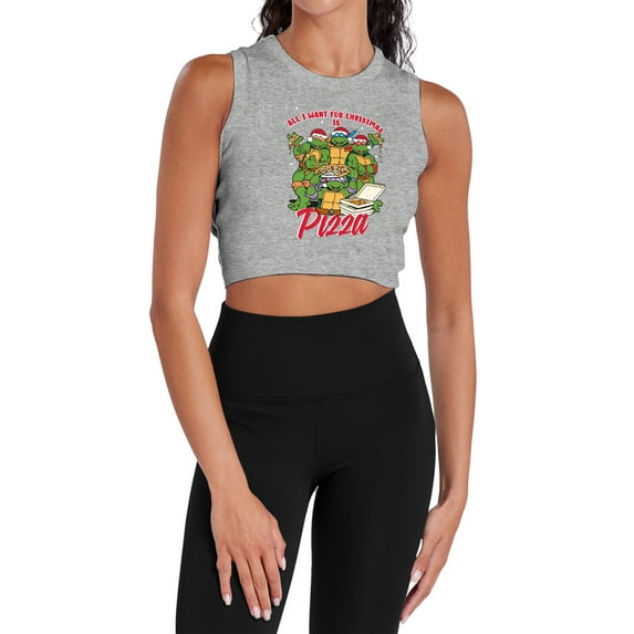 Teenage Mutant Ninja Turtles Christmas Pizza Women's Sleeveless Crop Top Tank, Athletic Heather, X-Small