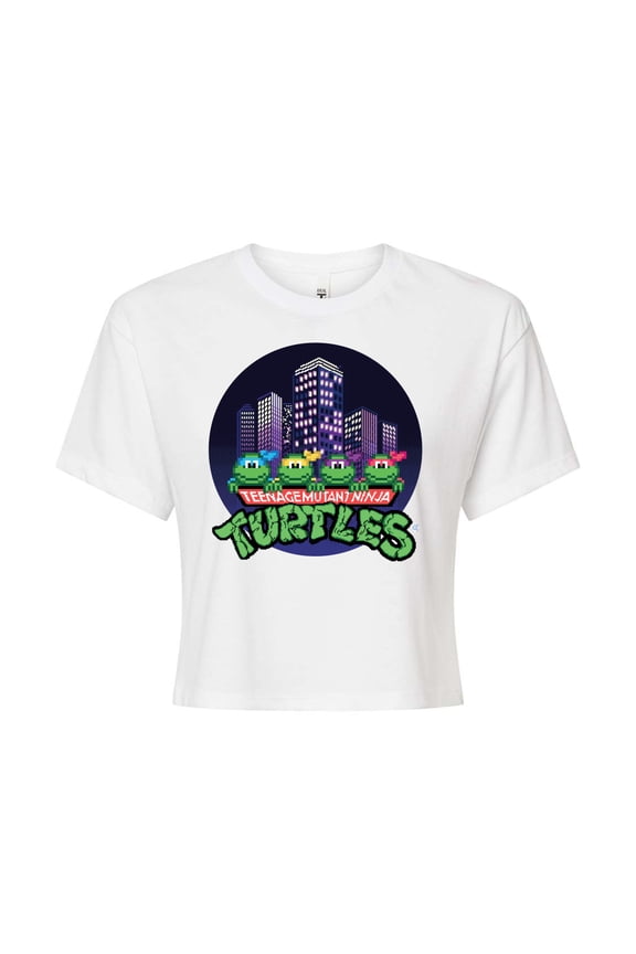 - City Scape With Turtles - Juniors Cropped Cotton Blend T-Shirt