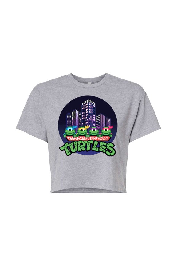 - City Scape With Turtles - Juniors Cropped Cotton Blend T-Shirt