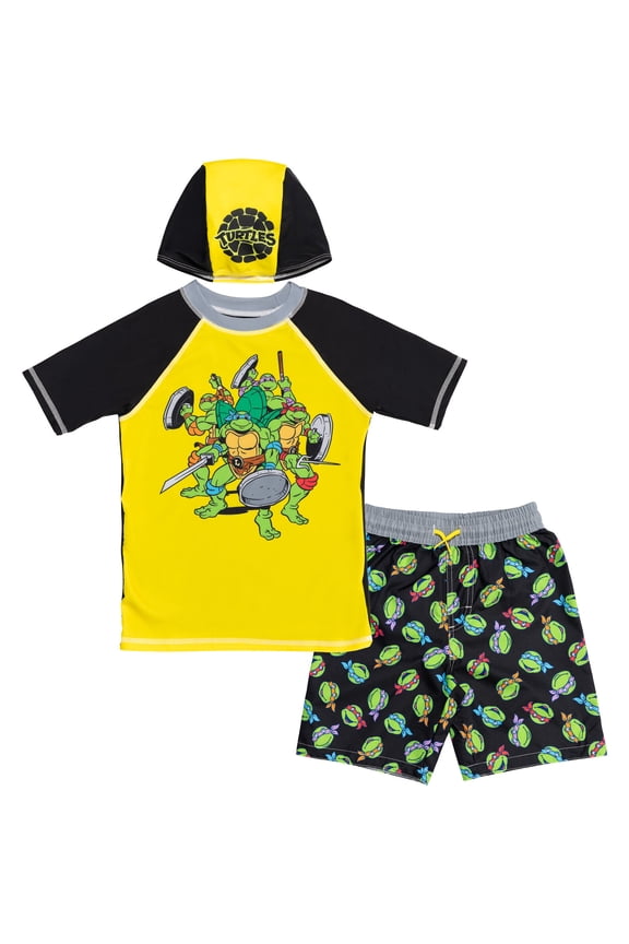 Donatello Raphael Leonardo Little Boys Rash Guard Swim Trunks and Cap 3 Piece Swimsuit Set Toddler to Little Kid