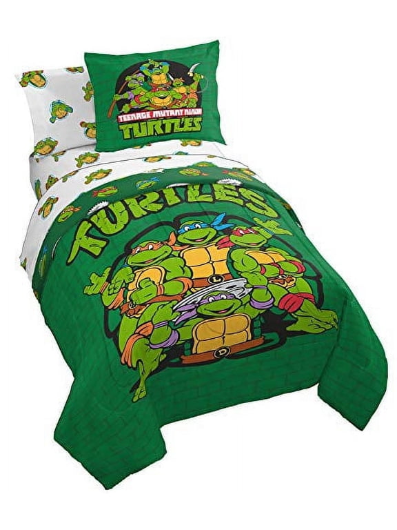 Teenage Mutant Ninja Turtles Green Bricks 5 Piece Kids Twin Bed Set, 100% Microfiber, Green, Nickelodeon