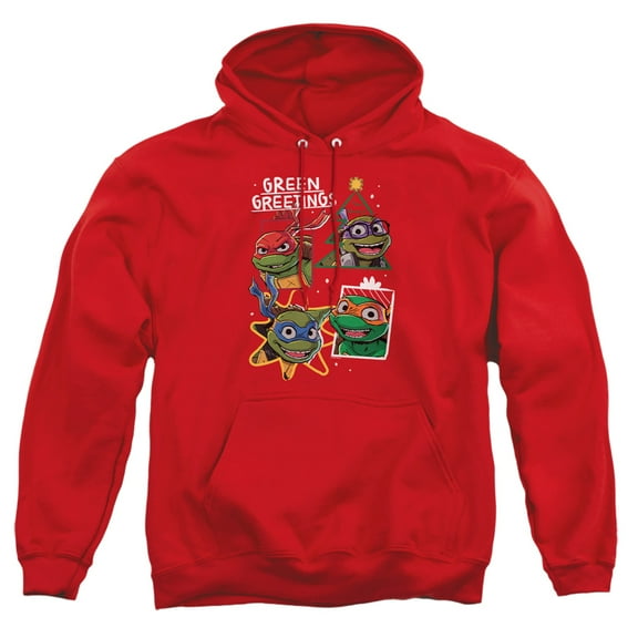 Teenage Mutant Ninja Turtles Green Greetings Christmas Adult Pull-Over Hoodie, Red, Large