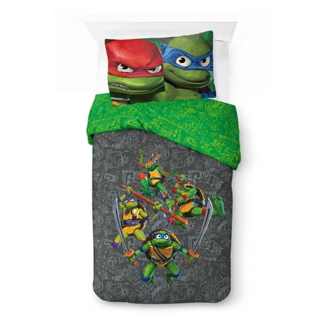 Teenage Mutant Ninja Turtles Kids 2-Piece Twin/Full Comforter Set, Reversible, Microfiber, Gray, Nickelodeon
