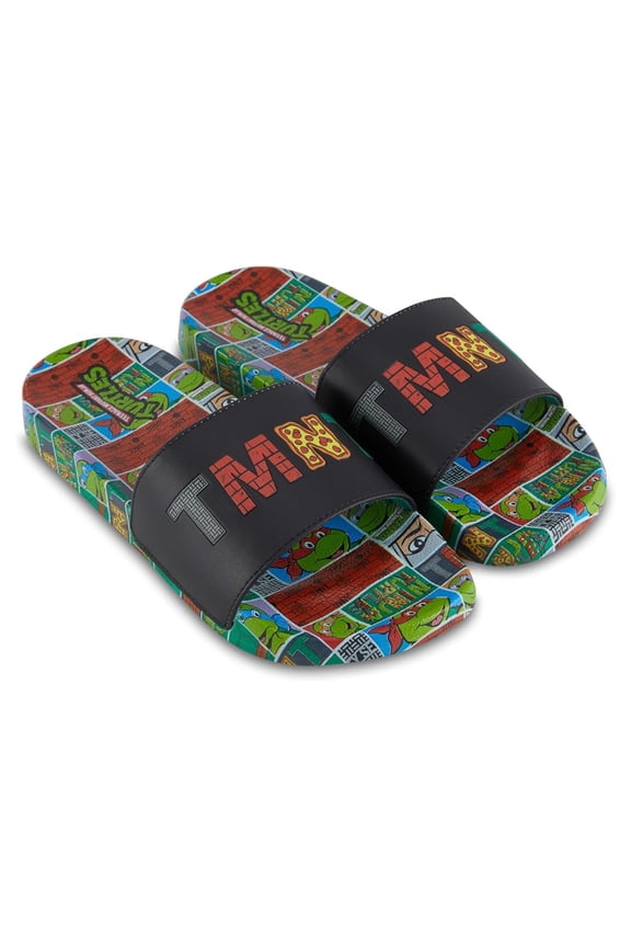 Men’s Slide, Printed TMNT Slip-on Ninja Turtles Slippers Black - 8/9