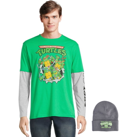 Teenage Mutant Ninja Turtles Men's and Big Men's Long Sleeve Graphic T-Shirt and Beanie Hat Gift Set, Sizes S-3XL