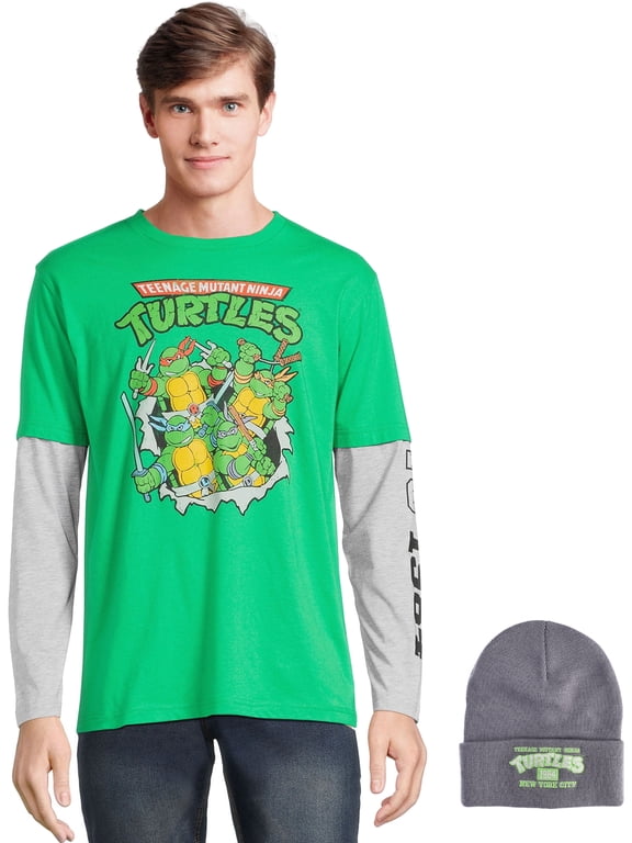 Men's and Big Men's Long Sleeve Graphic T-Shirt and Beanie Hat Gift Set, Sizes S-3XL