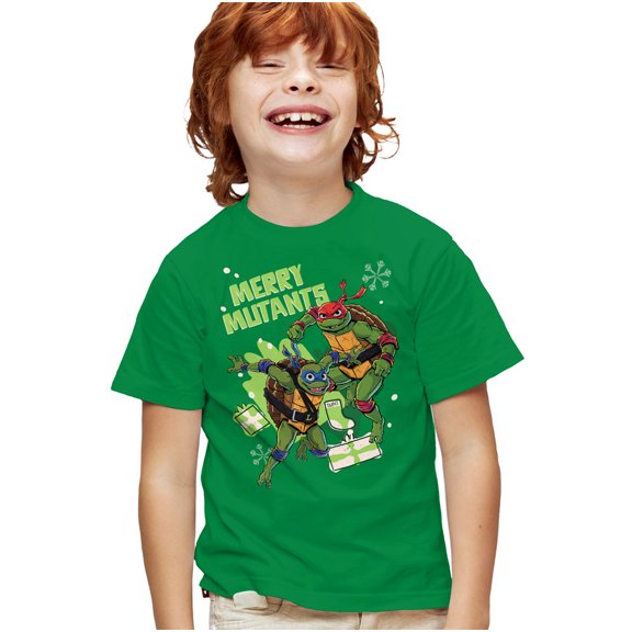 Teenage Mutant Ninja Turtles Merry Mutants Christmas Kids T Shirt for Youth Boys and Girls, Kelly Green, Small