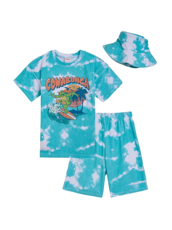 Michelangelo Surfboard Big Boys T-Shirt Shorts and Hat 3 Piece Outfit Set Toddler to Big Kid