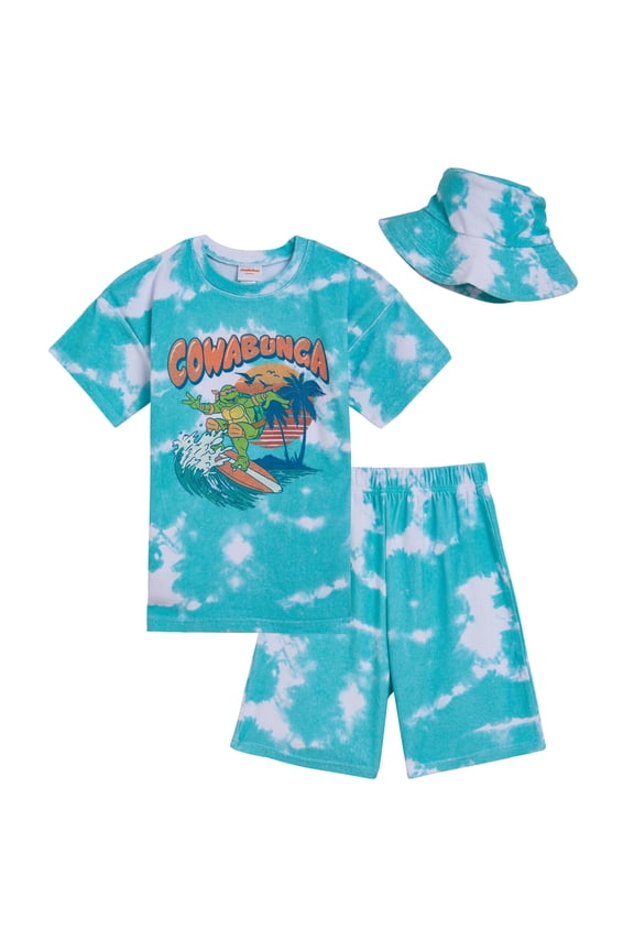 Michelangelo Surfboard Little Boys T-Shirt Shorts and Hat 3 Piece Outfit Set Toddler to Big Kid