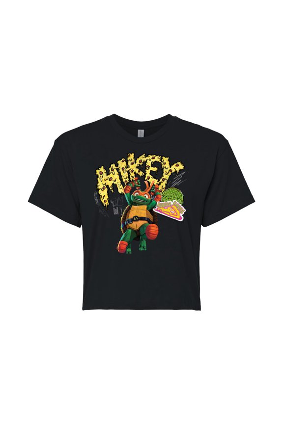 : Mutant Mayhem - Michelangelo AKA Mikey - Pizza Rules - Juniors Cropped Cotton Blend T-Shirt