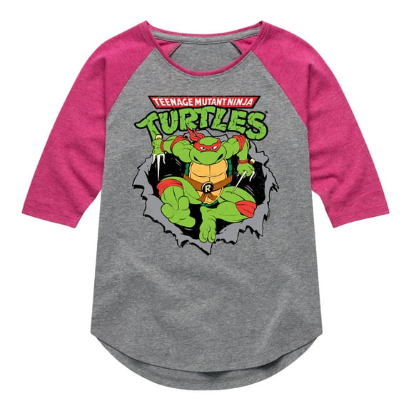Teenage Mutant Ninja Turtles  - Raphael Breaking Through Shirt  - Toddler & Youth Girls Raglan Graphic T-Shirt