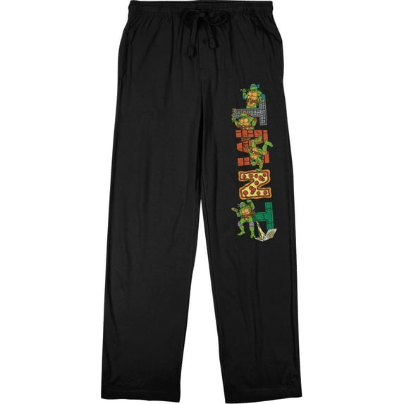 Teenage Mutant Ninja Turtles Retro Cartoon Logo Mens Black Drawstring Sleep Pajama Pants-Small