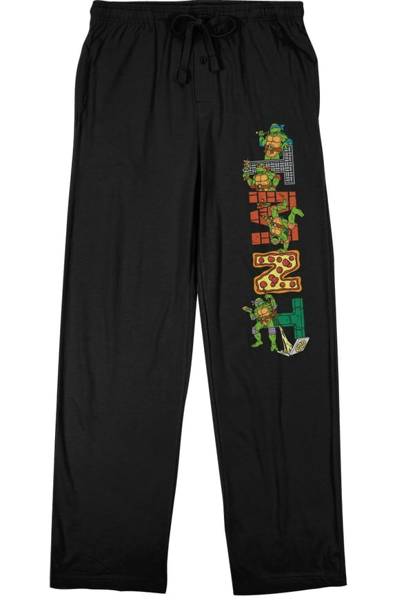 Teenage Mutant Ninja Turtles Retro Cartoon Logo Mens Black Drawstring Sleep Pajama Pants-X-Large