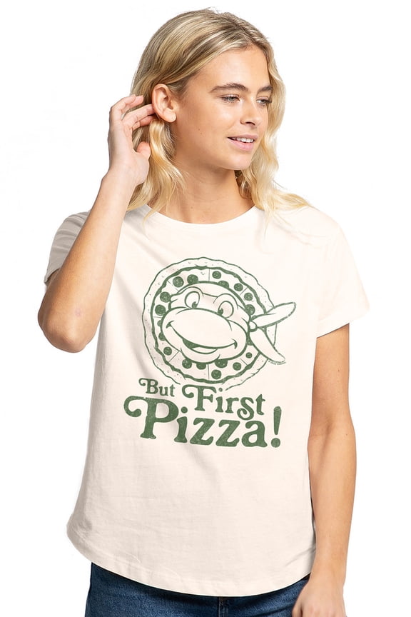 Tmnt But First Pizza Women's Graphic T-Shirt Rolled Sleeve Tee