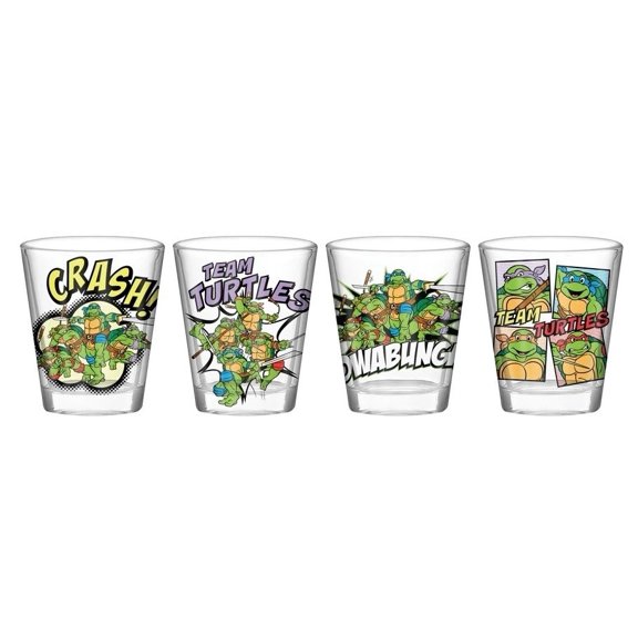 Teenage Mutant Ninja Turtles TMNT Featuring Leonardo, Rapheal, Donatello, and Michelangelo 4 Pack Mini Glass Set, 1.5 Ounces