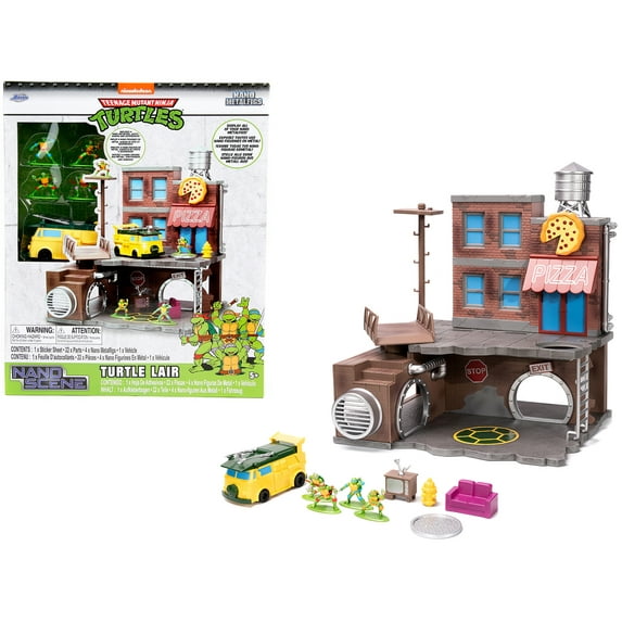 "Teenage Mutant Ninja Turtles" Turtle Lair Diorama Set with Figures and Party Wagon "Nano Scene" Series Model by Jada