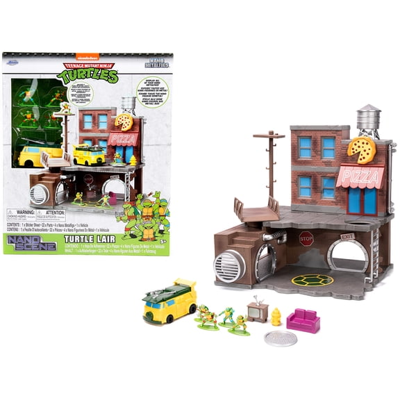 "Teenage Mutant Ninja Turtles" Turtle Lair Diorama Set with Figures and Party Wagon "Nano Scene" Series Model by Jada