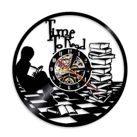 Teenage Reading Books Wall Art Time To Read Inspirational Quote Wall Clock Library Decorative Vinyl Record Clock Bookworms Gift Without LED