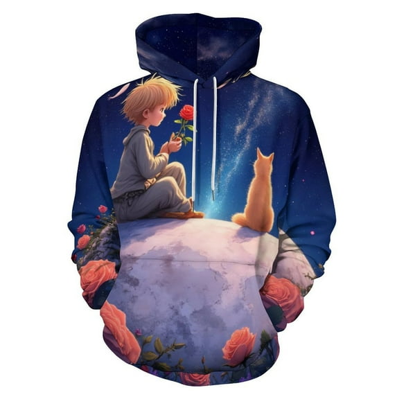 Teenager And Cat on Moon with Roses Men's Women Vintage 3D Hooded Sweatshirt - All-Season Loose Fit Streetwear