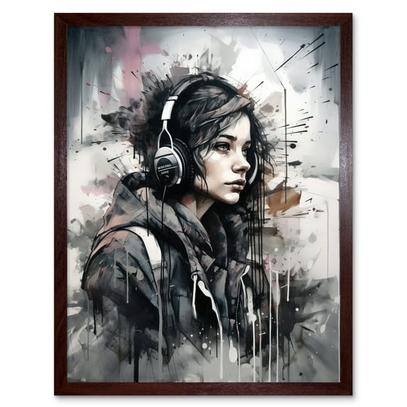 Teenager Girl in Black Hoodie Listening to Music through Headphones Modern Watercolour Painting Art Print Framed Poster Wall Decor 12x16 inch