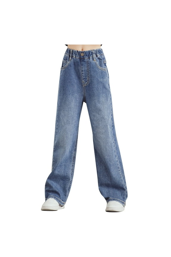 Teenagers' Simple Denim Flared Leg Pants Spring & Autumn Trousers Loose Fit Elastic Belt Jeans for Daily Use