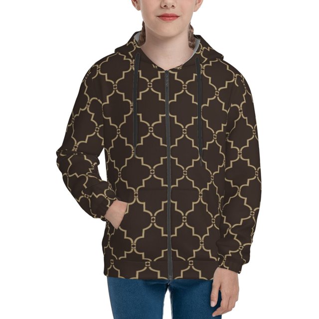 Teenagers Zip Up Hoodie, Brown Moroccan Trellis Youth Long Sleeve