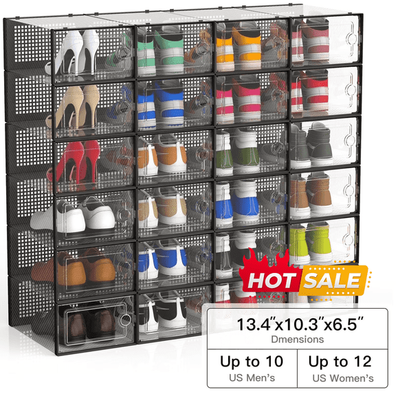 JakMean 24 Pcs X-Large Shoe Boxes, Clear Waterproof Shoe Containers,Stackable Shoe Storage Organizers, Sneaker Boxes for Entryway,Closet