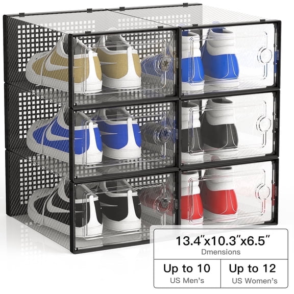 JakMean 6 Pack Shoe Boxes, X-Large Clear Plastic Stackable Shoe Storage Organizers, Sneaker Storage Containers for Entryway,Closet,Fit Size 9-12
