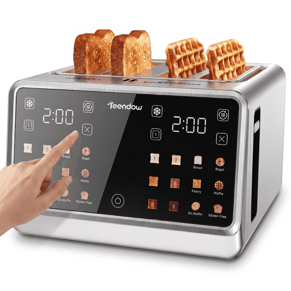 Teendow Touchscreen Toaster 4 Slice, 1800W Stainless Steel Digital Toaster with Dual Controls, 1.5" Extra Wide Slots