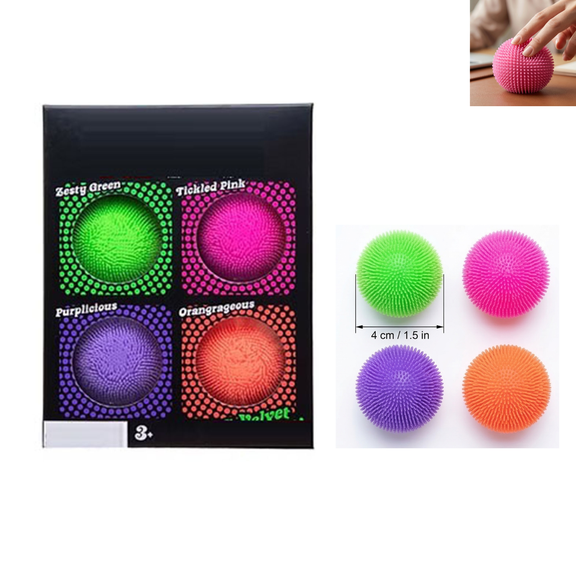 Fuzz ball Squishy Toys 4 Pack, 1.5" Sensory Squeeze Stress Balls, Spiky Fidget Toys for Restlessness, Portable Novelty Gift Toys for Kids Teens Adults