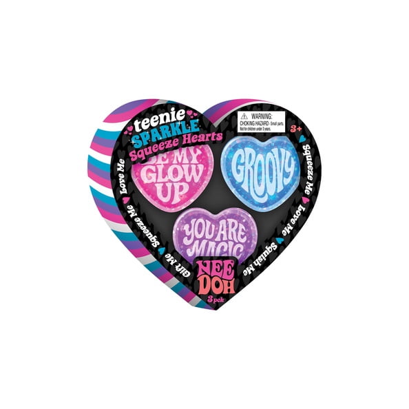 Teenie Nee Doh Sparkle Squeeze Hearts Stress Balls, Sensory Fidget Toy Set, 3-Pack