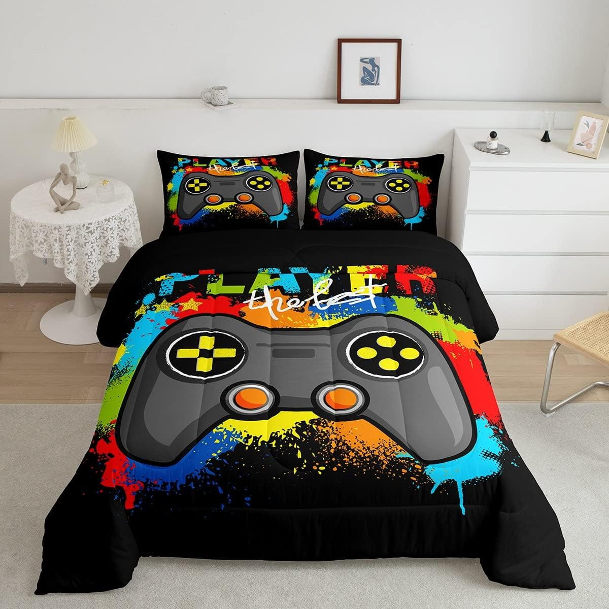 Teens Boys Gamer Comforter Set Black Gaming Bedding Set Full Size Video