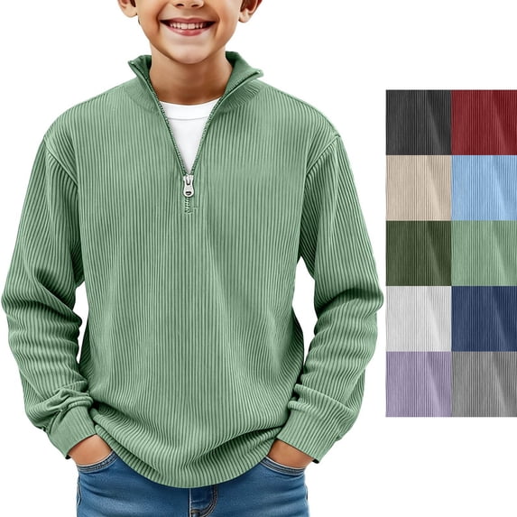 Teens Boys Quarter Zip Pullover Long Sleeve Corduroy Shirts Sweatshirts Kids Preppy Clothes Casual Daily Party or Photoshoot Green 170(170)