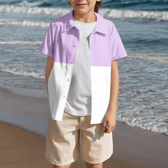 Teens Boys Shirts Short Sleeve Button-Down Tshirts Shirt 5-15 Years Juniors Kids Casual Color-Block Collared Hawaiian Beach T-Shirts