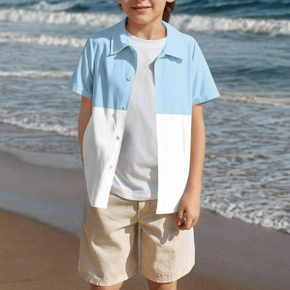 Teens Boys Shirts Short Sleeve Button-Down Tshirts Shirt 5-15 Years Juniors Kids Casual Color-Block Collared Hawaiian Beach T-Shirts
