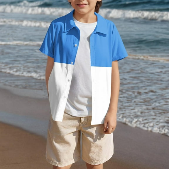 Teens Boys Shirts Short Sleeve Button-Down Tshirts Shirt 5-15 Years Juniors Kids Casual Color-Block Collared Hawaiian Beach T-Shirts