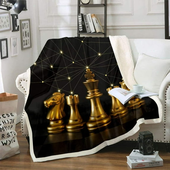 Teens Chess Print Plush Blanket Chic Luxury Queen House Chess Fleece Blanket for Sofa Bed Couch Geometric Abstract Art Sherpa Throw Blanket Golden Room Decor Fuzzy Blanket Throw 50"x60"