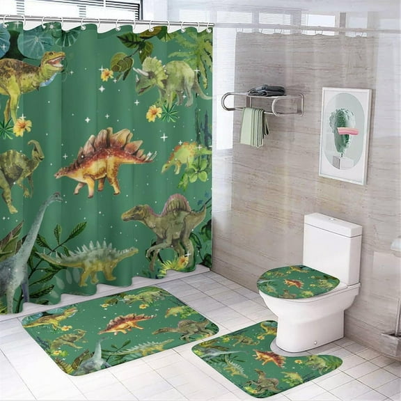 Teens Dinosaurs Creative Bathroom Shower Curtain Set Cartoon Colorful Jungle Animals Dinosaurs Non Slip Waterproof Bath Mat Toilet Mat Rugs,72" W x 72" L