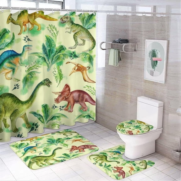 Teens Dinosaurs Creative Bathroom Shower Curtain Set Cartoon Colorful Jungle Animals Dinosaurs Non Slip Waterproof Bath Mat Toilet Mat Rugs,72" W x 72" L