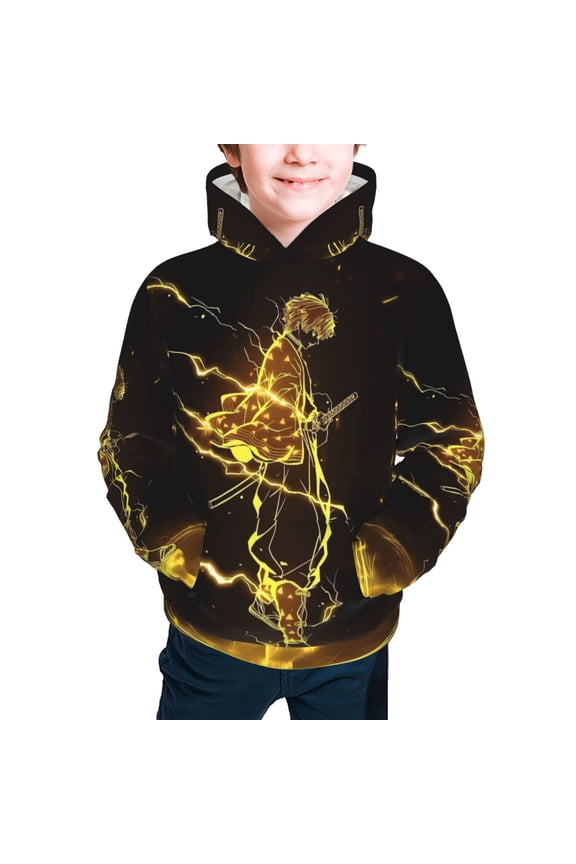 Teens Fashion Long Sleeves Sweatshirt Demon Agatsuma Zenitsu Pullover Slayer Hoodie Active Sweater for Boys Girls Small