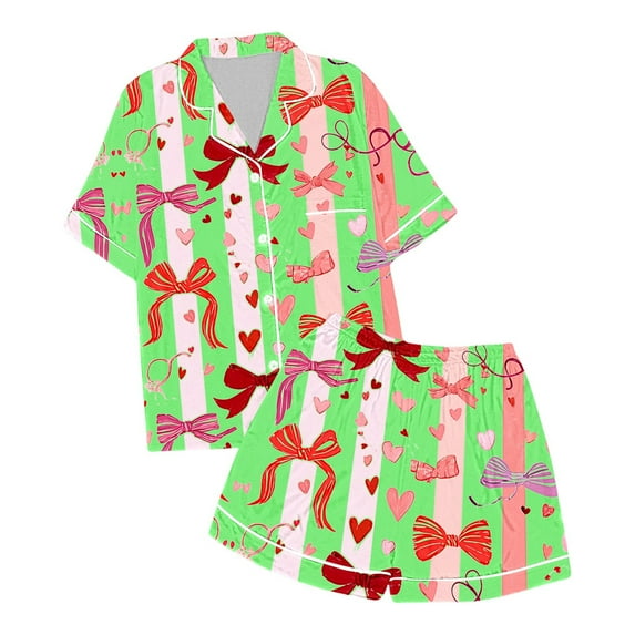 Teens Girl Satin Pajamas Set Bow Print Kids Button Down Pajamas Set Girls' Fashion Pajamas Set Girls Satin Pajamas Size 12-13 Years Kids Clothes