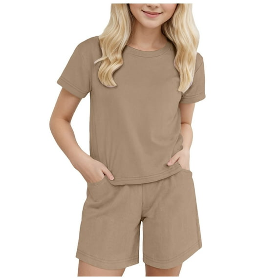 Teens Girls 2 Piece Outfits Short Sleeve Crewneck Sport T Shirts with Athletic Yoga Shorts Casual Solid Color Summer Girls Skorts for School