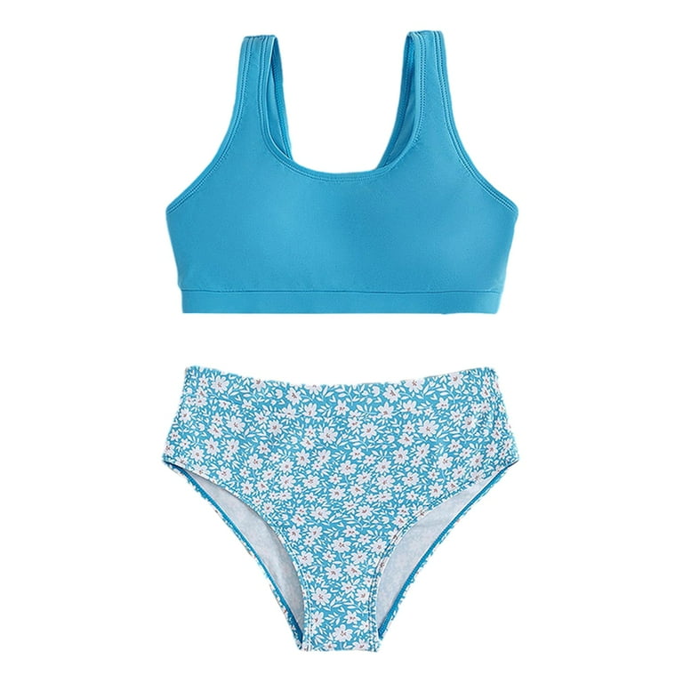 Teens Girls 2 Piece Swimsuit Set Kids Floral High Waisted Bikini 